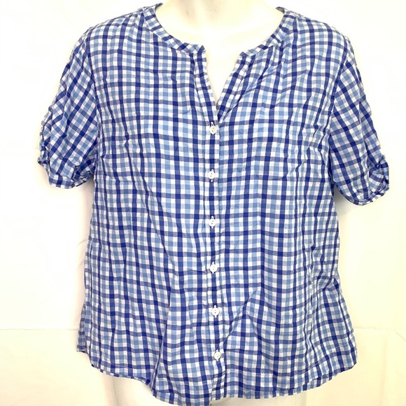 LL BEAN Gingham Blue Plaid Button Down Top sz M P - Picture 1 of 16
